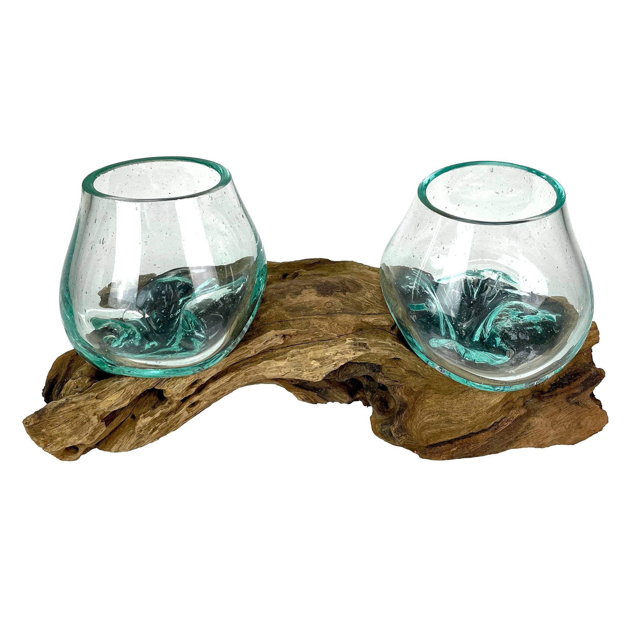 Front. Things2Die4 - 10.5" Double Molten Glass Bowls on Driftwood Hand Blown Planter Terrarium Decor - Natural.