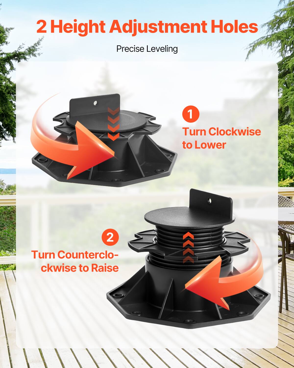 2 Height Adjustment Holes
Precise Leveling
1 Turn Clockwise to Lower
2 Turn Counterclockwise to Raise
