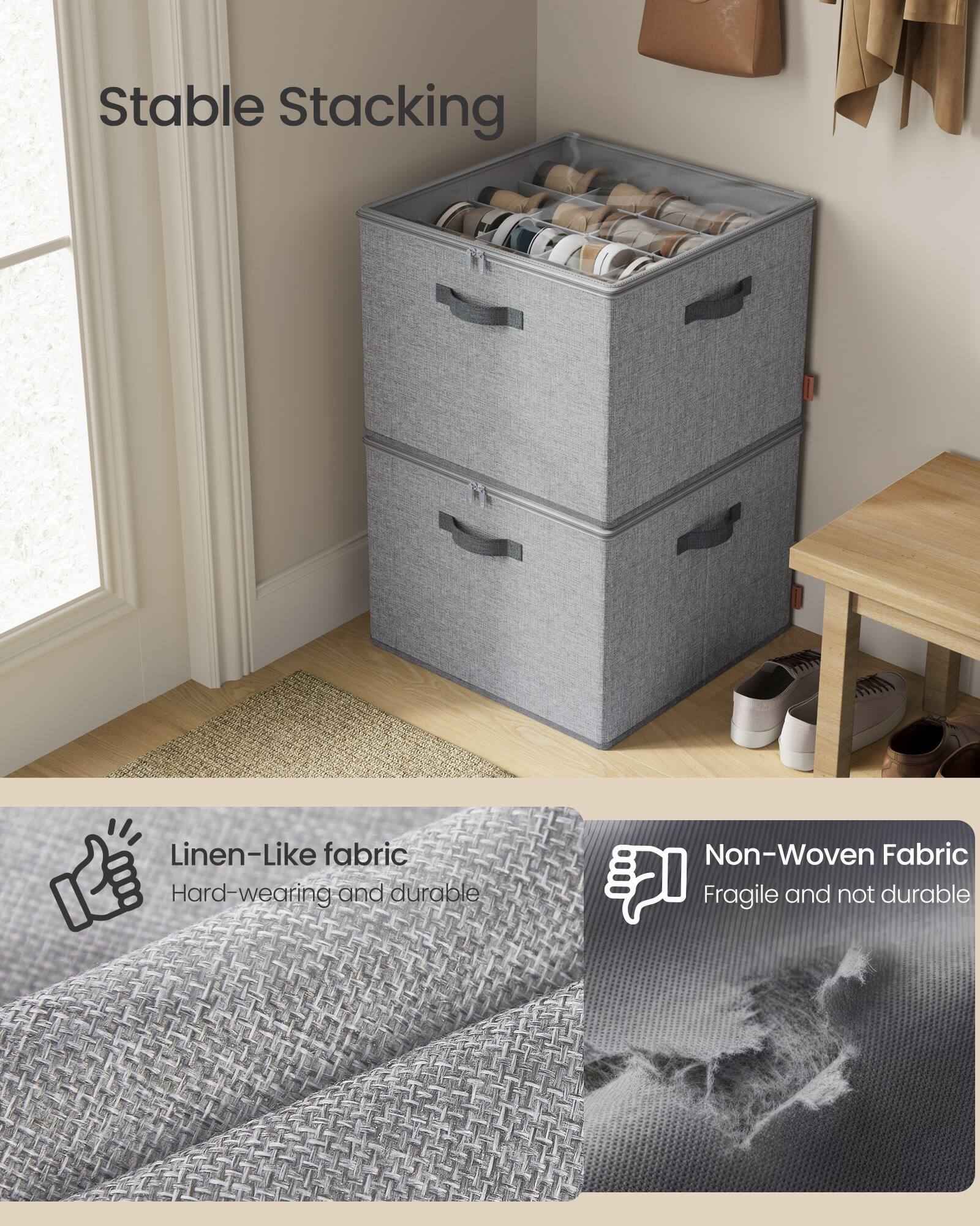 Stable Stacking

Linen-Like fabric
Hard-wearing and durable

Non-Woven Fabric
Fragile and not durable