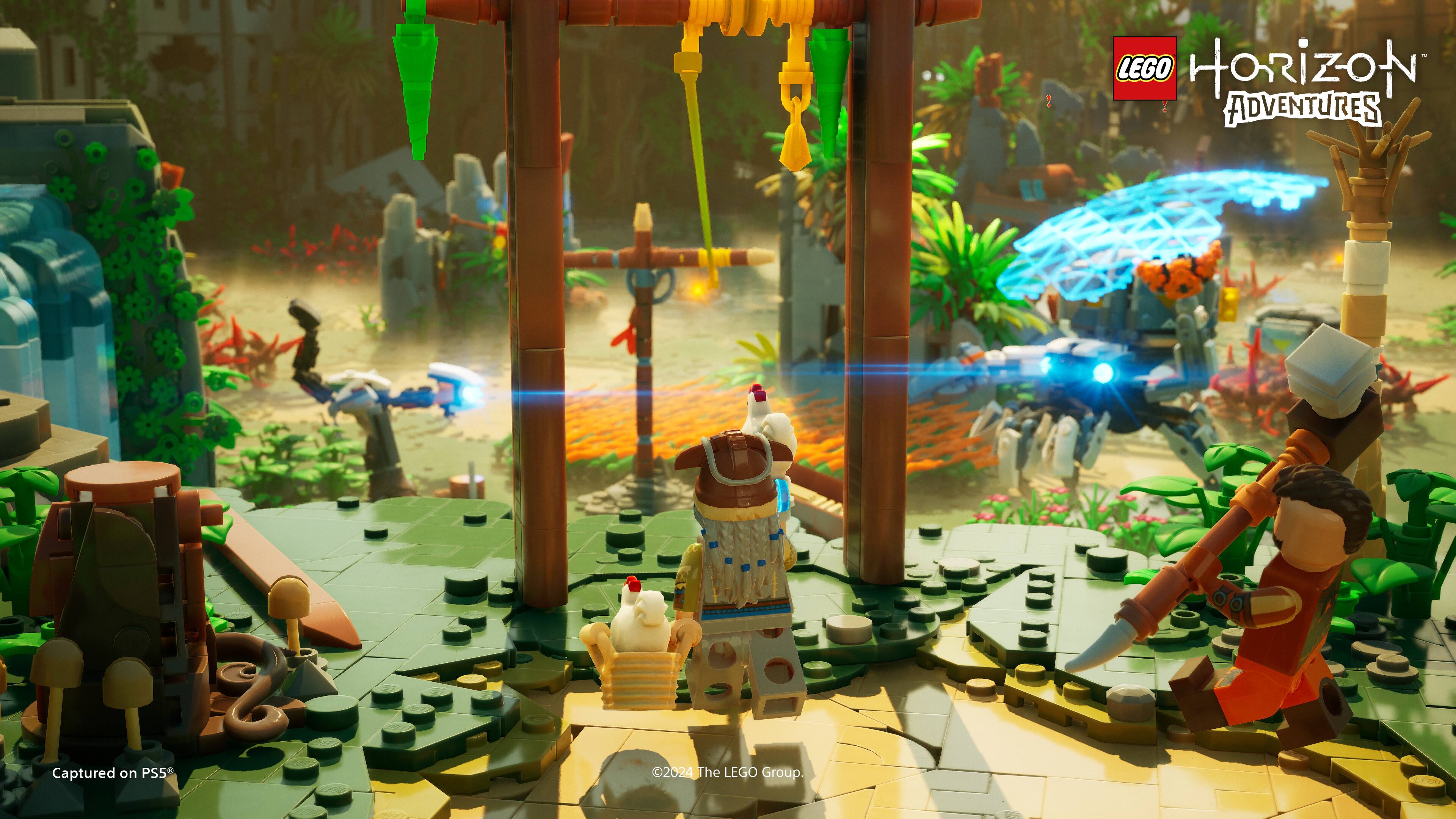 LEGO Horizon Adventures is a video game that features a variety of characters, including a man, a woman, and a dog. The game is set in a jungle environment with a mix of natural elements such as trees, bushes, and a waterfall. The characters are posed in different positions, with some standing and others sitting or kneeling. The game appears to be an action-adventure title, offering players a fun and engaging experience.