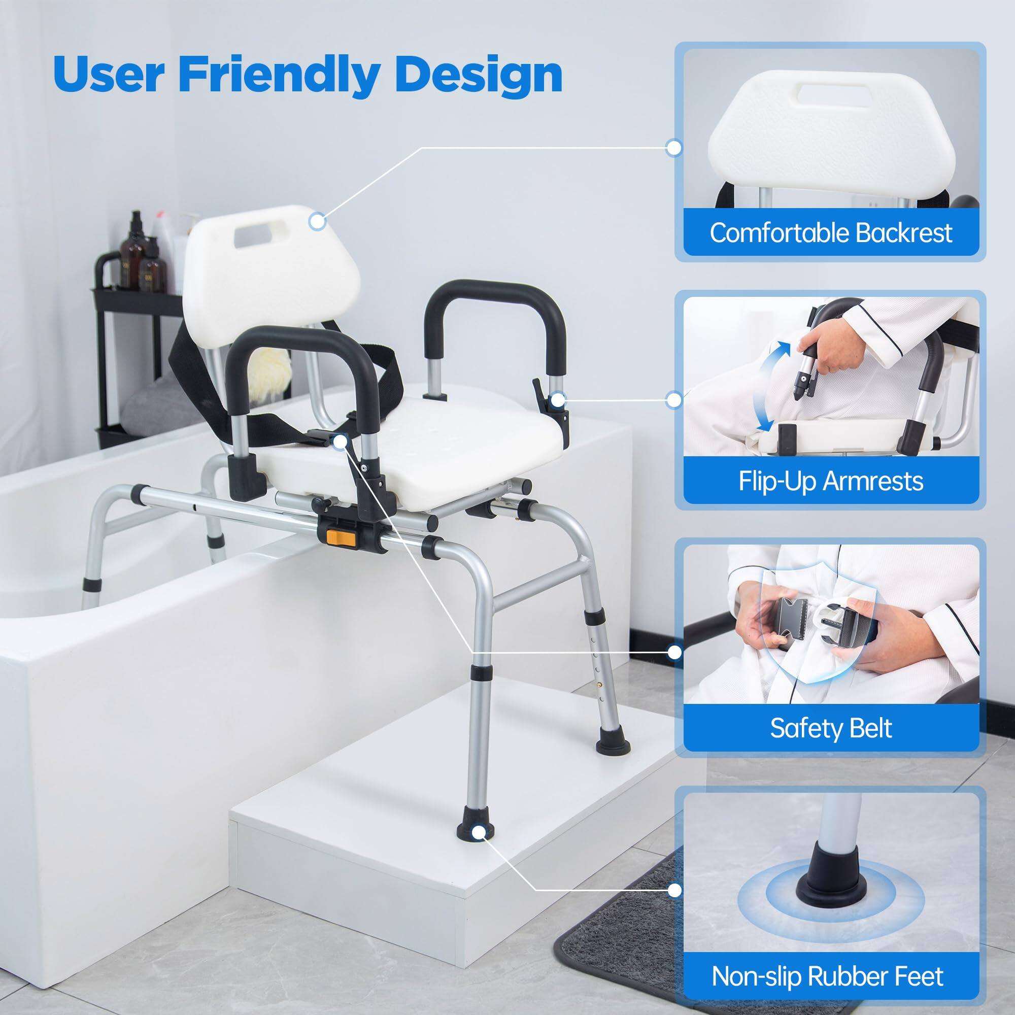 User Friendly Design

- Comfortable Backrest
- Flip-Up Armrests
- Safety Belt
- Non-Slip Rubber Feet