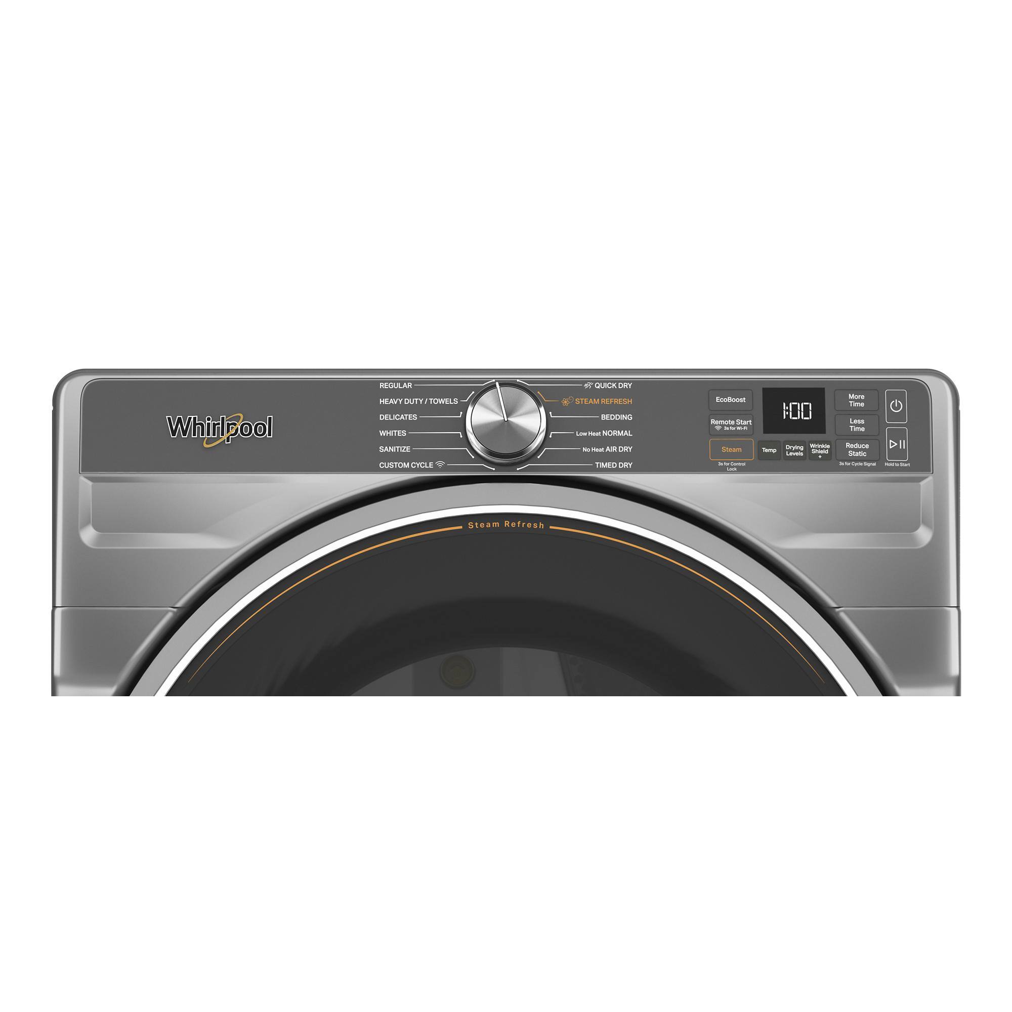 Whirlpool RGLA MAVT Y ETOWELS DELIVERS MOST EFFICIENT SANITIZING - RECYCLING - STEAM SAVINGS - RECYCLING - SORMAL 1 TIMES - NONE HUMIDITY - i - i - :00 / - - - - More Time i Restura - - - - Dil: 1 Steam Refresh