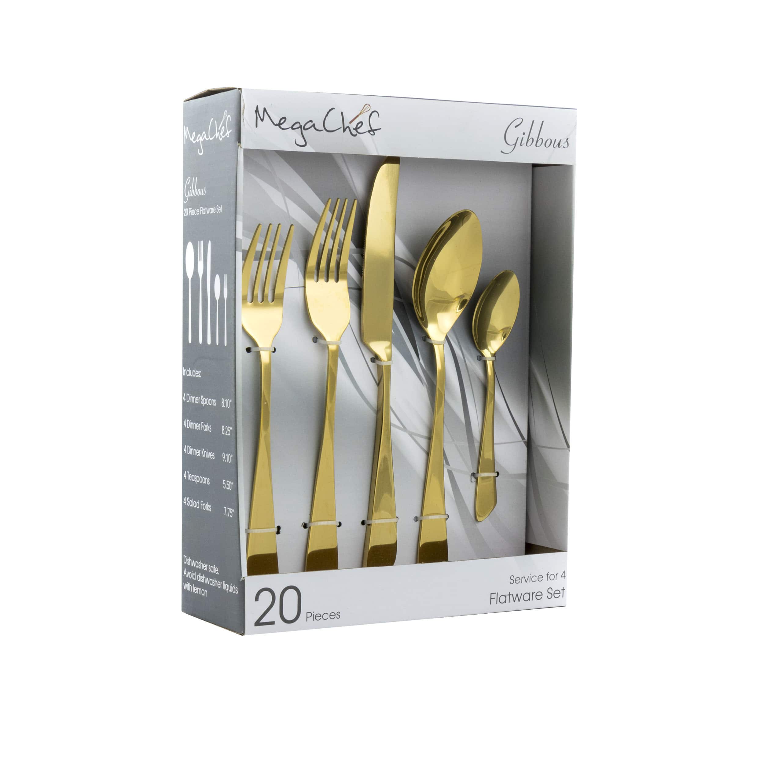 MegaChef - Gibbous 20 Piece Flatware Utensil Set, Stainless Steel Silverware Metal Service for 4 - Gold