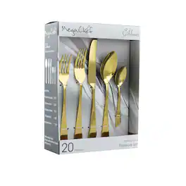 MegaChef - Gibbous 20 Piece Flatware Utensil Set, Stainless Steel Silverware Metal Service for 4 - Gold