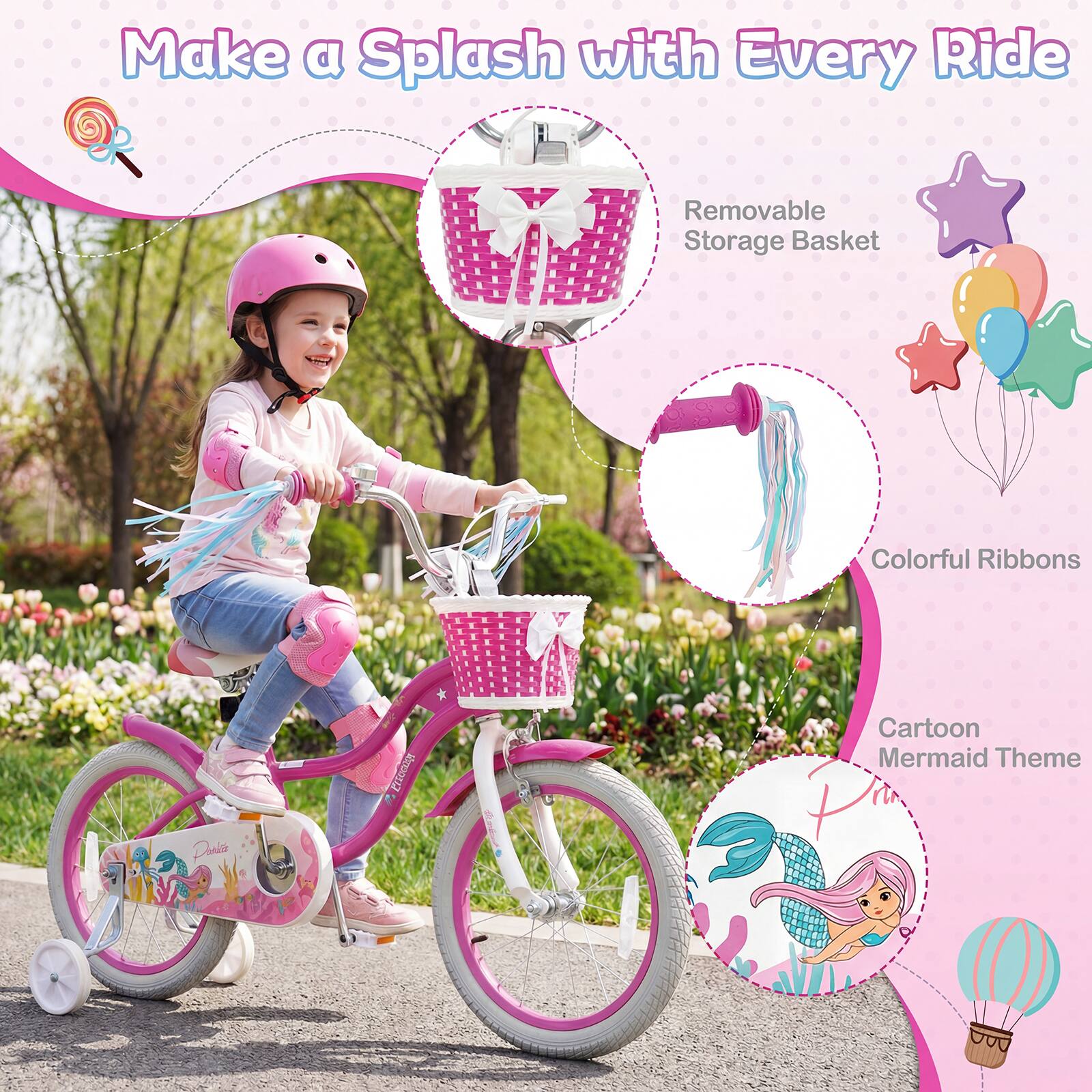 Make a Splash with Every Ride

- Removable Storage Basket
- Colorful Ribbons
- Cartoon Mermaid Theme