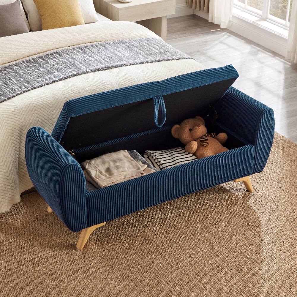 Alt View 1. Ropilly - Ropilly 57" Blue Corduroy Storage Bench, Modern Upholstered Bed Bench with Wood Legs for Bedroom & Entryway - Blue.