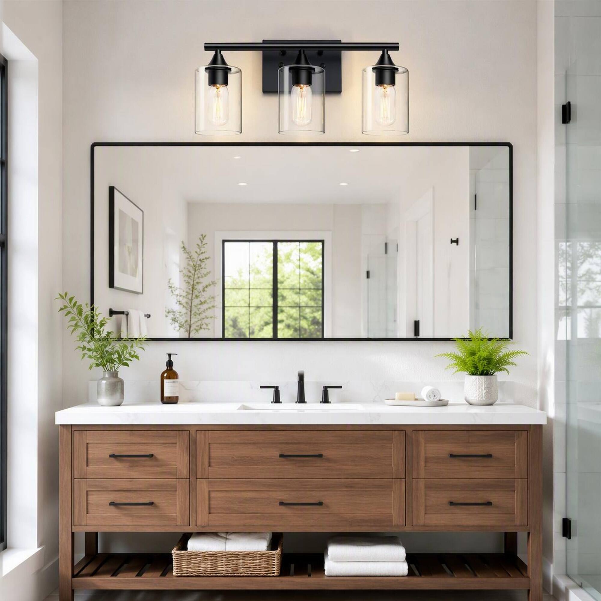 Left. RYHNUYNE - 3-Light Matte Black Bathroom Vanity Light with Clear Glass Shades, Damp-Proof Iron Wall Sconce for Mirror, Farmhouse.