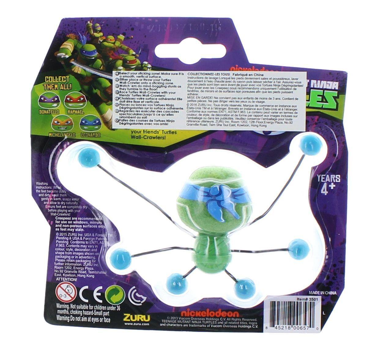 **Front Panel:**

- **Top Left:**
  - "COLLECT THEM ALL!"

- **Top Center:**
  - "NINJA TURTLES"

- **Top Right:**
  - "YEARS 4+"

- **Middle Left:**
  - "DONATELLO"
  - "RAPHAEL"
  - "MICHELANGELO"
  - "LEONARDO"

- **Middle Center:**
  - "your friends' Turtles Wall-Crawlers!"

- **Bottom Left:**
  - "ZURU"
  - "www.zuru.com"

- **Bottom Center:**
  - "Nickelodeon"
  - "© 2013 Viacom International Inc. All Rights Reserved. TM & © 2013 Viacom International Inc. All Rights Reserved. TM & © 2013 Viacom International Inc. All Rights Reserved."

- **Bottom Right:**
  - "MADE IN CHINA"
  - "H3501"
  - "45218 00657"

**Back Panel:**

- **Top Left:**
  - "COLLECT THEM ALL! COLLECTIONNEZ-LES