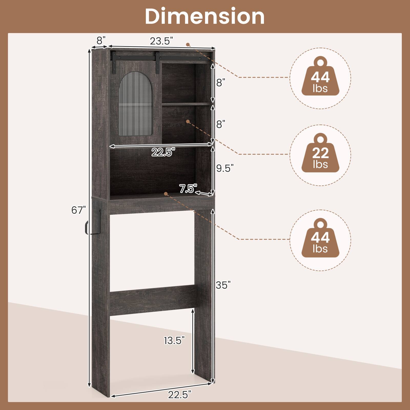 8"  
Dimension 23.5"  
8"  
44 lbs  
8"  
22.5"  
9.5"  
22 lbs  
7.5"  
67"  
44 lbs  
35"  
13.5"  
22.5"