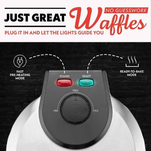 NO GUESSWORK JUST GREAT  
PLUG IT IN AND LET THE LIGHTS GUIDE YOU  

FAST PRE-HEATING MODE  
POWER  
READY  
READY-TO-BAKE MODE  
MED  
MIN  
MAX