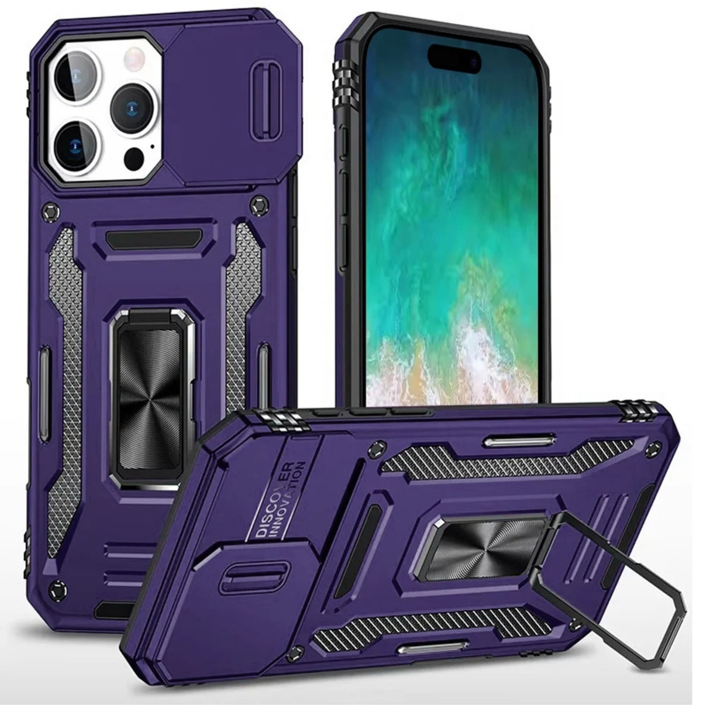Kitcheniva - Sliding Lens Cover Magnetic Ring Stand Shockproof Phone Case With Tempered Glass For iPhone 16 Pro Max - Purple