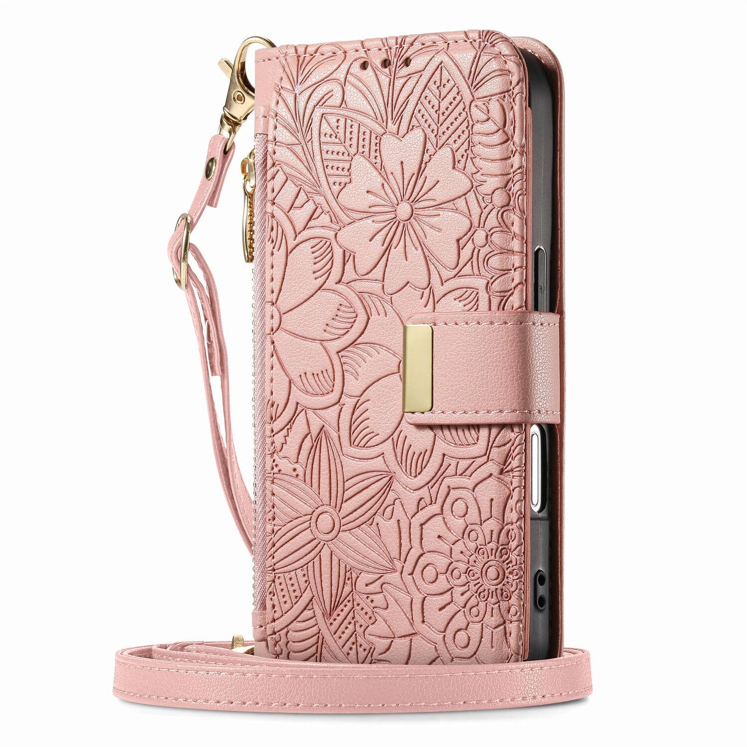 Alt View 6. Dteck - Floral Embossed Leather Zipper Cash Slot Wallet Case for Apple iPhone 16 with Detachable Strap - Rosegold.