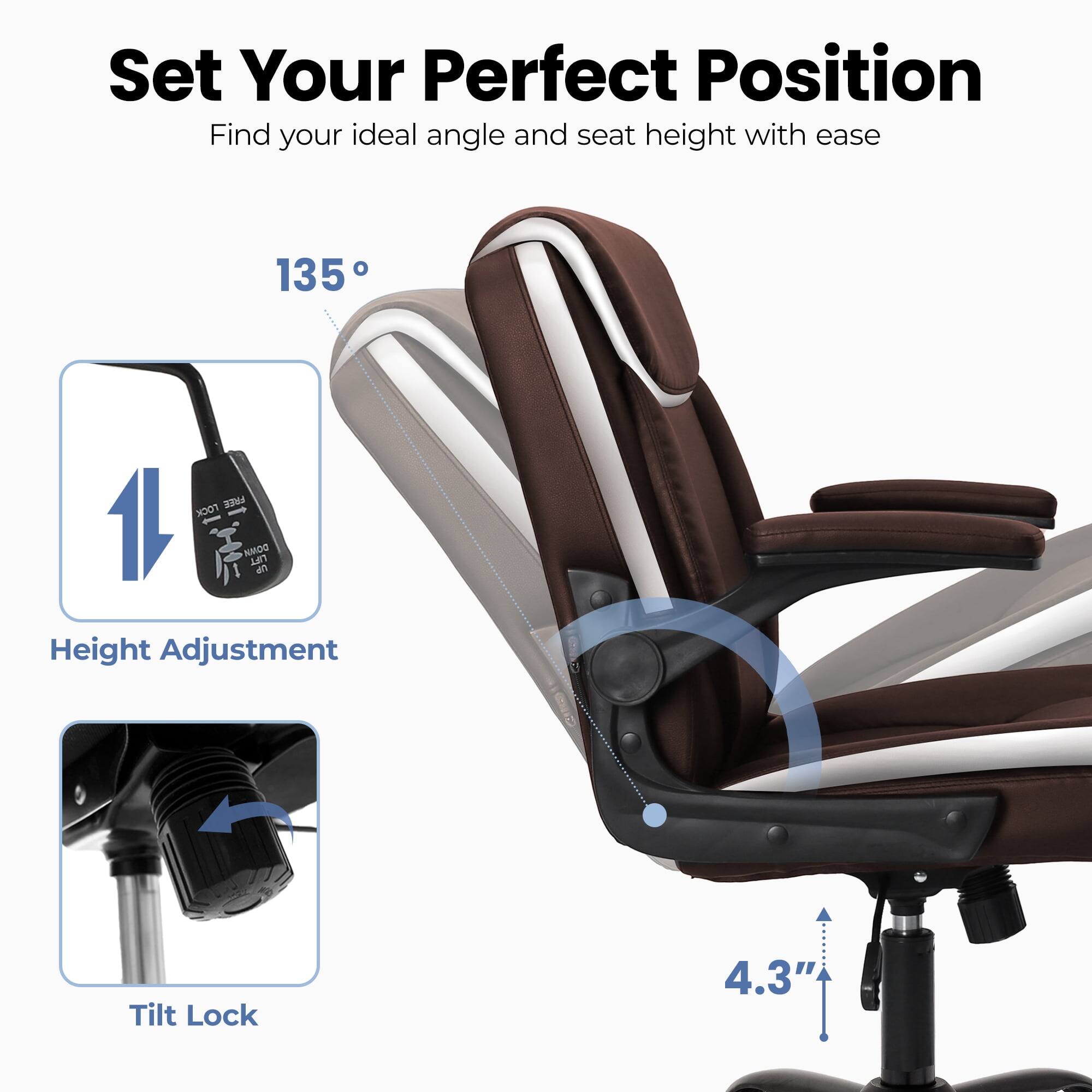 Set Your Perfect Position  
Find your ideal angle and seat height with ease  

135°  

Height Adjustment  

Tilt Lock  

4.3"