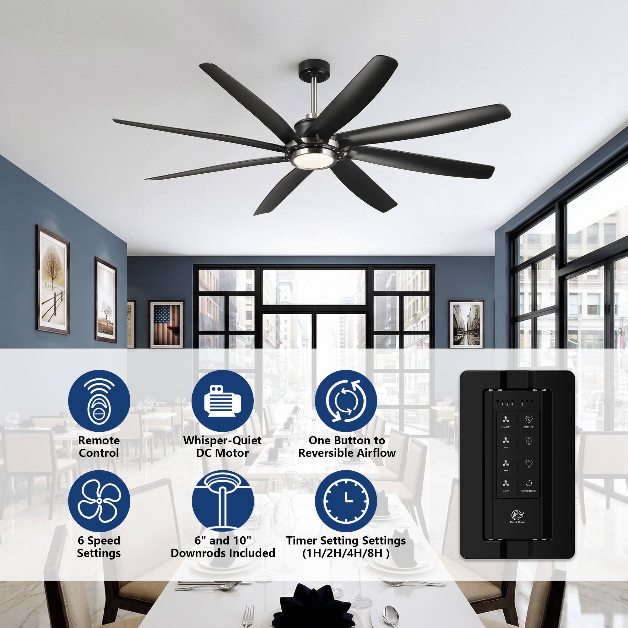 - Remote Control
- Whisper-Quiet DC Motor
- One Button to Reversible Airflow
- 6 Speed Settings
- 6" and 10" Downrods Included (1H/2H/4H/8H)
- Timer Setting