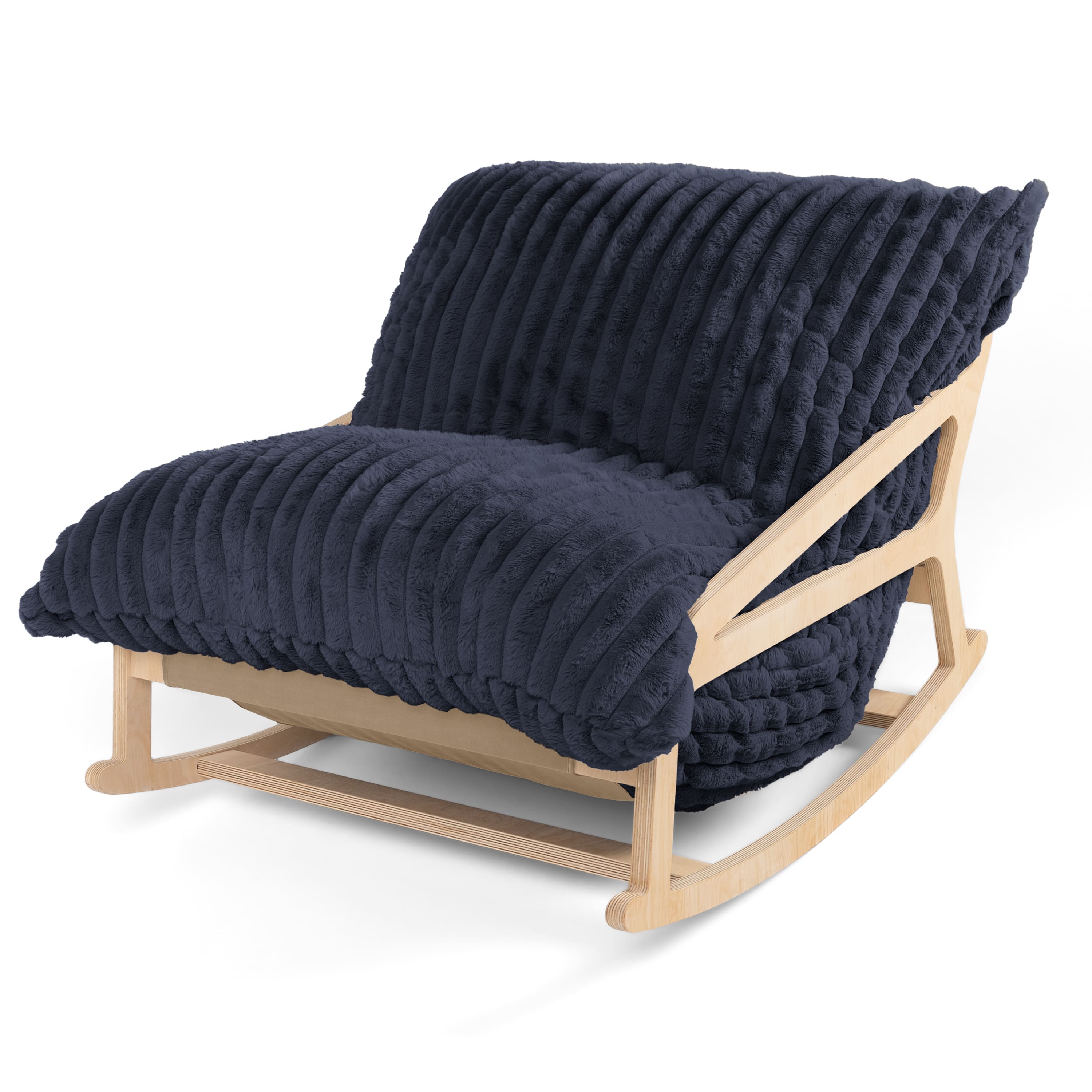 Jaxx - Pillow Saxx Bean Bag Rocking Chair - Elegant Oversized Rocker with Modern Wood Frame - Mondo Fur Midnight Blue