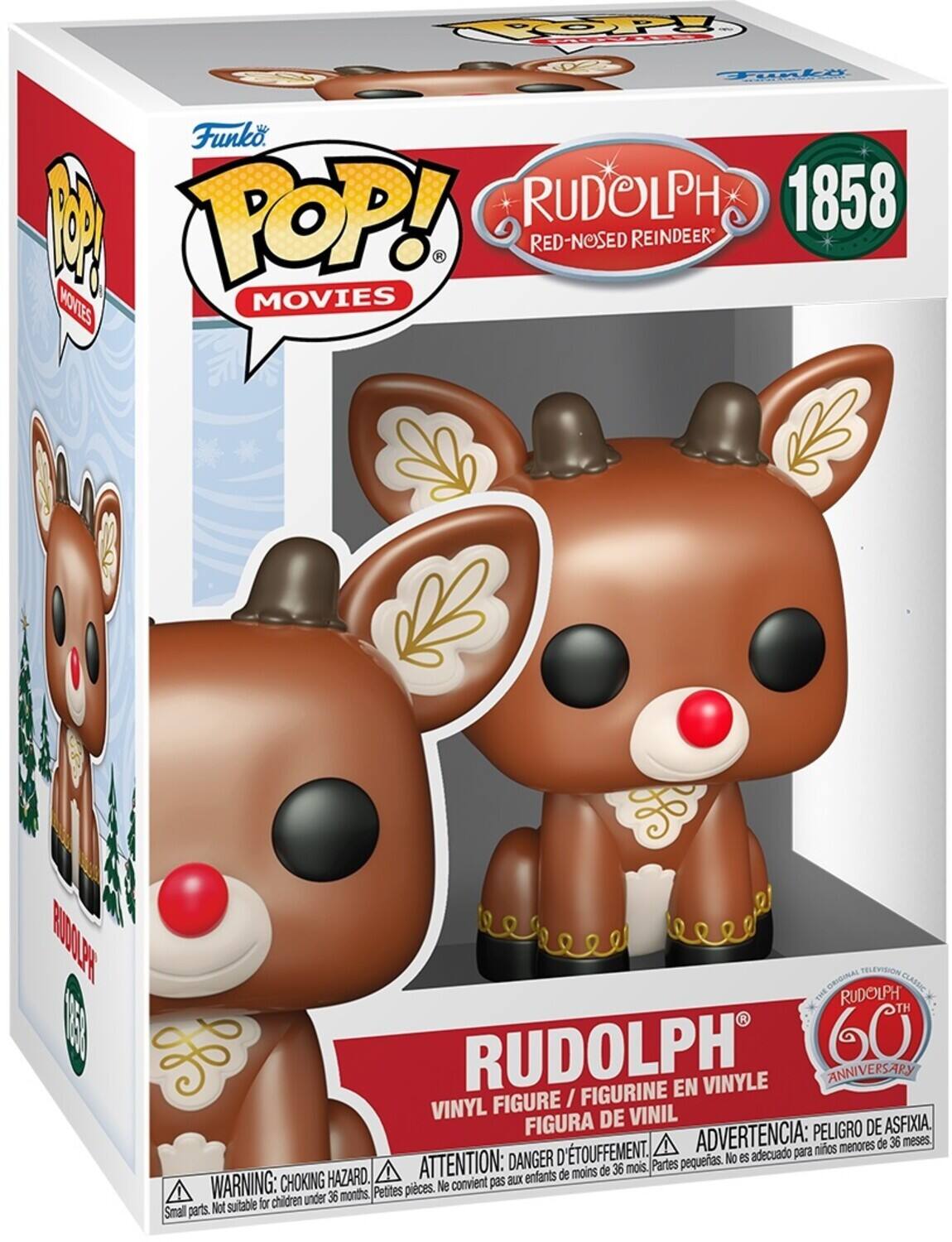 POP! Funko, POP! Movies, Rudolph 1858, Red-Nosed Reindeer, Rudolph 60th Anniversary, Figurine en Vinyl, Figura de Vinil, Peligro de Afixia, Advertencia: Peligro de afixia, Attention: Danger d'étouffement, Petites pièces. Ne convient pas aux enfants de moins de 36 mois, Partes pequeñas. No es adecuado para niños menores de 36 meses, Warning: Choking Hazard, Small parts. Not suitable for children under 36 months.