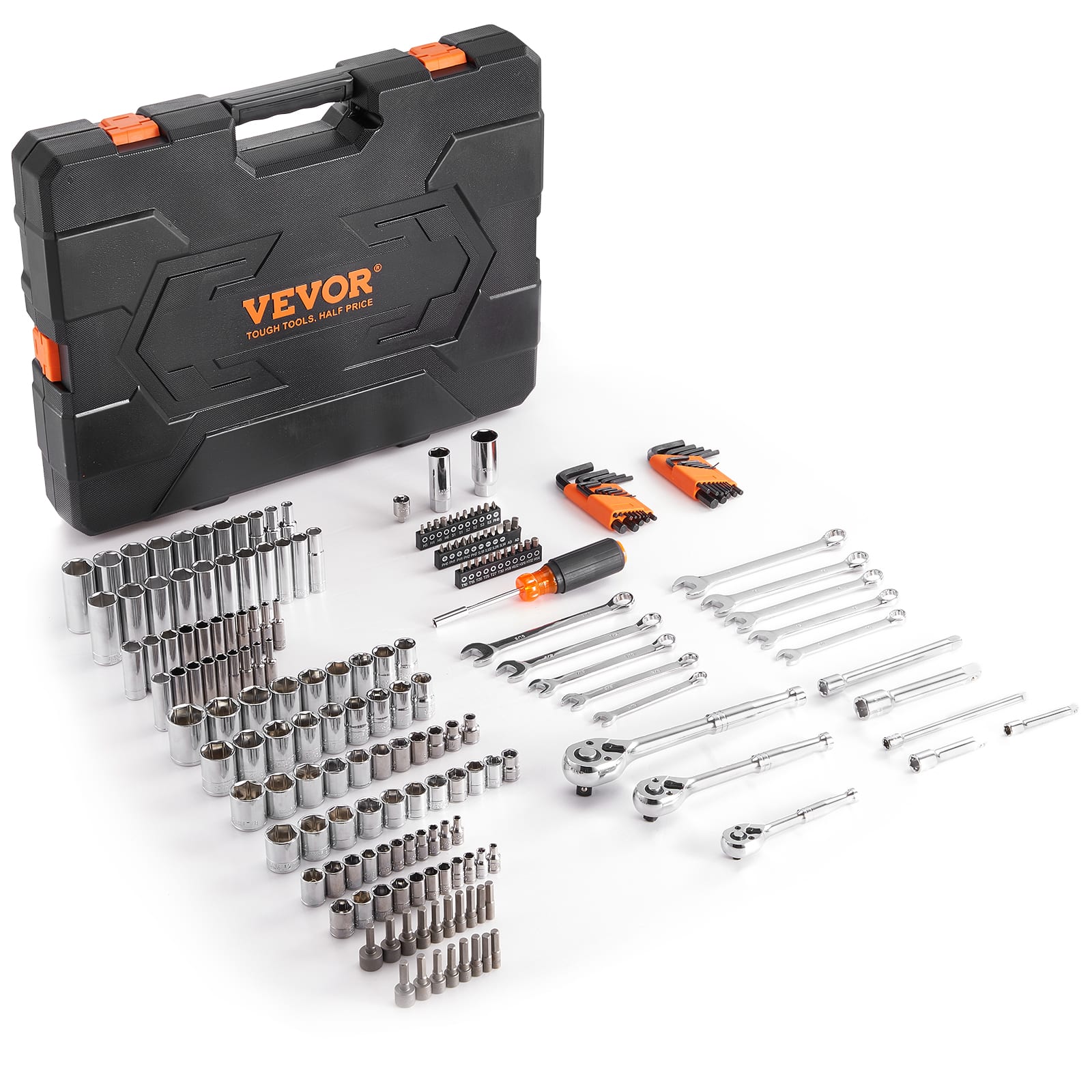 VEVOR - Mechanics Tool and Socket Set, 1/4" 3/8" 1/2" Drive Deep and Standard Sockets, 205 Pcs SAE and Metric Mechanic Tool Kit - Black
