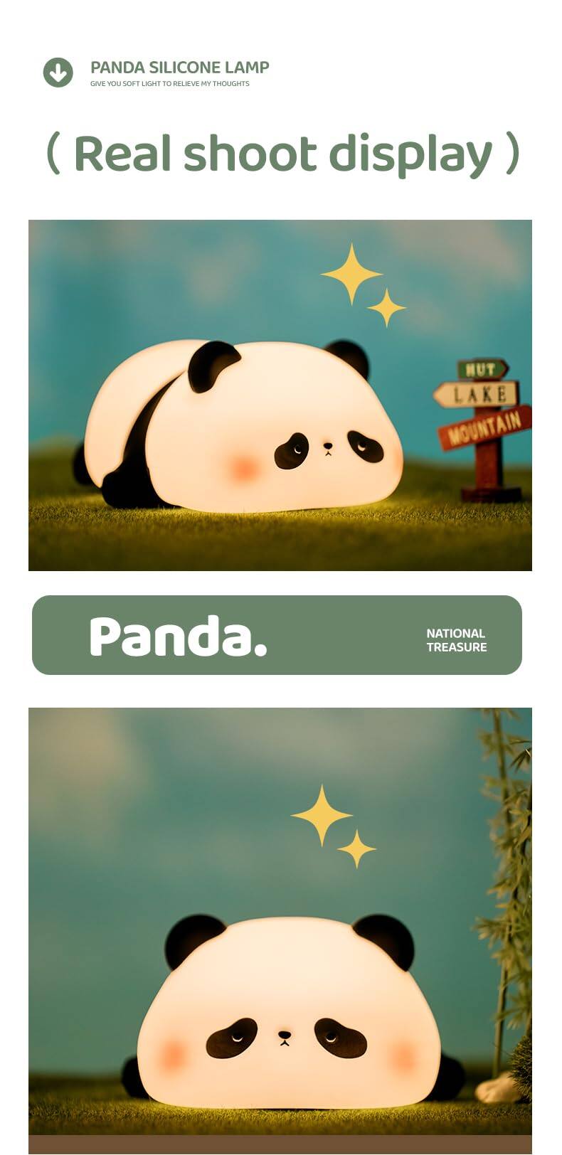 PANDA SILICONE LAMP  
GIVE YOU SOFT LIGHT TO RELIEVE MY THOUGHTS  

(Real shoot display)  

Panda.  
NATIONAL TREASURE