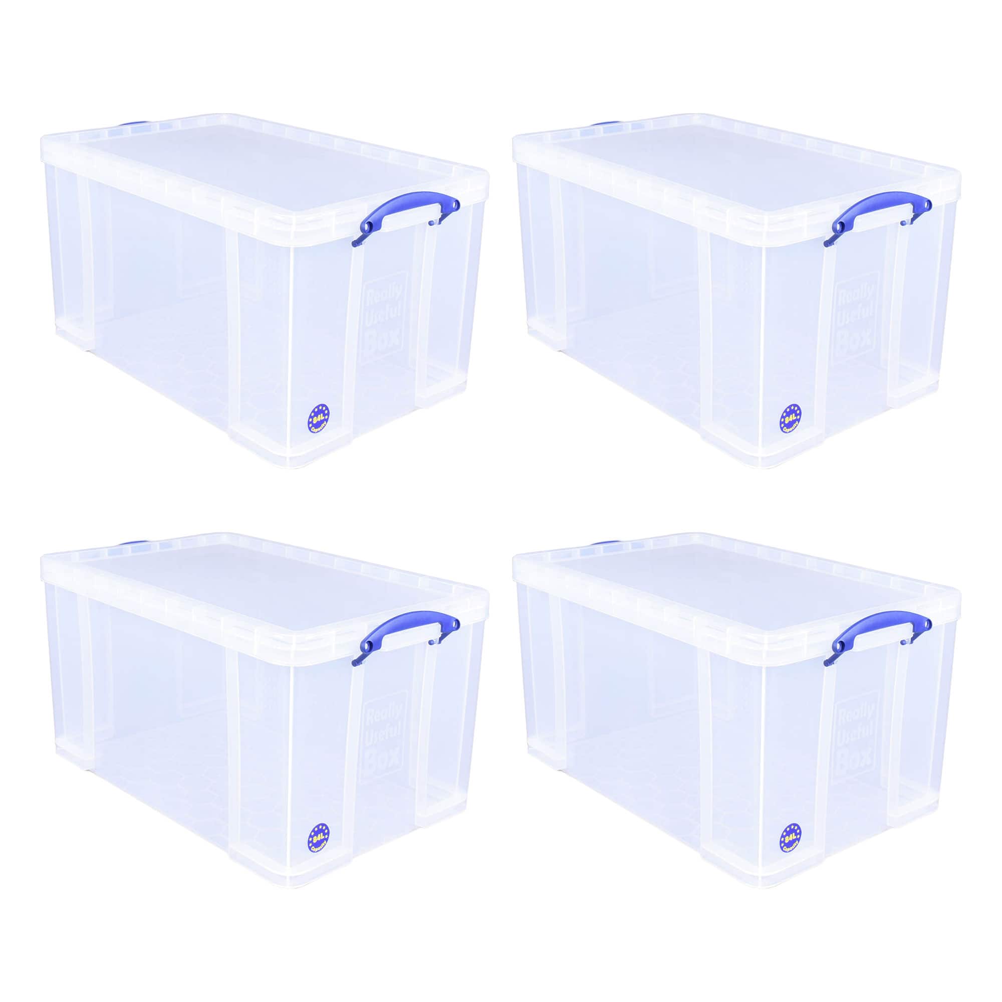 Really Useful Box - 84L Storage Bin w/Snap Lid & Clip Lock Handle, 4 Pack - Clear