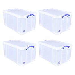 Really Useful Box - 84L Storage Bin w/Snap Lid & Clip Lock Handle, 4 Pack - Clear
