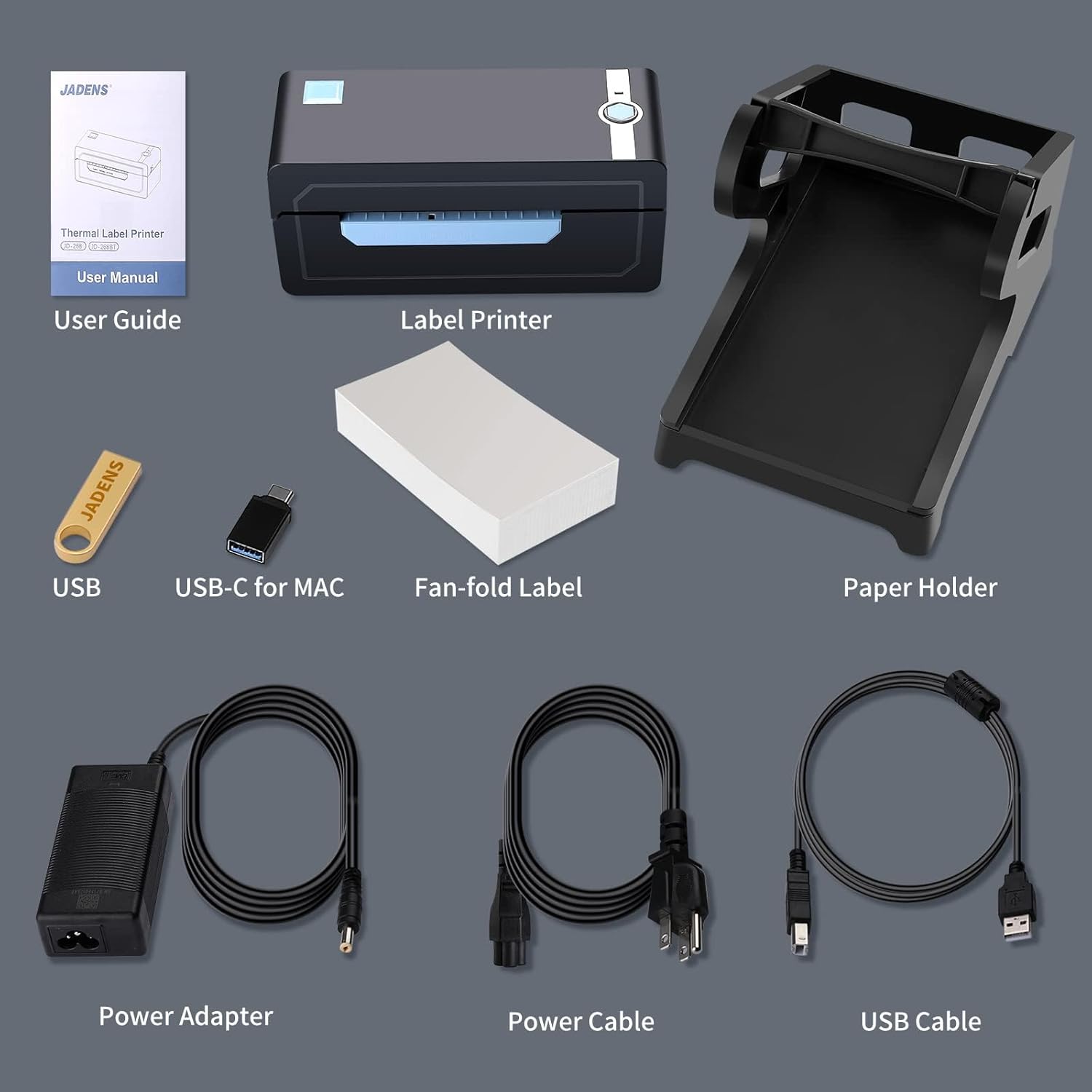 JADENS Thermal Label Printer User Manual USB-C for MAC Fan-fold Label Paper Holder Power Adapter Power Cable USB Cable