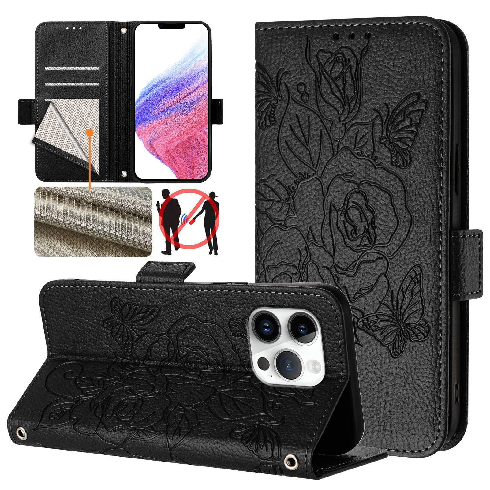 Front. Dteck - Embossed Texture Case for Apple iPhone 16 Pro Max,Faux Leather Card Holder Wallet Case,Magnetic Closure Flip Cover+Strap - Black.