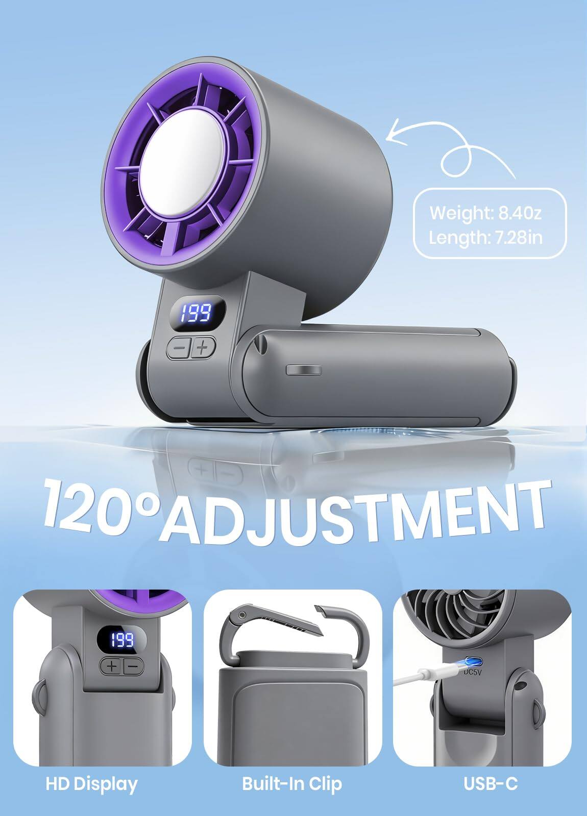 Weight: 8.40 oz  
Length: 7.28 in  
120° ADJUSTMENT  
HD Display  
Built-In Clip  
USB-C