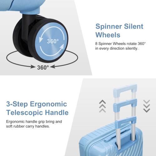 Spinner Silent Wheels  
8 Spinner Wheels rotate 360° in every direction silently.  

3-Step Ergonomic Telescopic Handle  
Ergonomic handle grip brings and soft rubber carry handles.