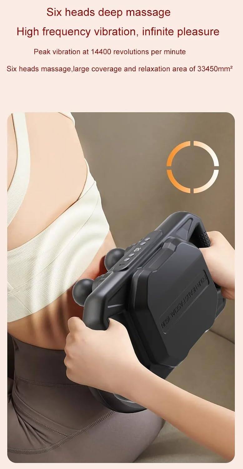 Six heads deep massage  
High frequency vibration, infinite pleasure  
Peak vibration at 14400 revolutions per minute  

Six heads massage, large coverage and relaxation area of 33450mm²  

OU HEADS FASCIAL HEADS FASCIAL GUN