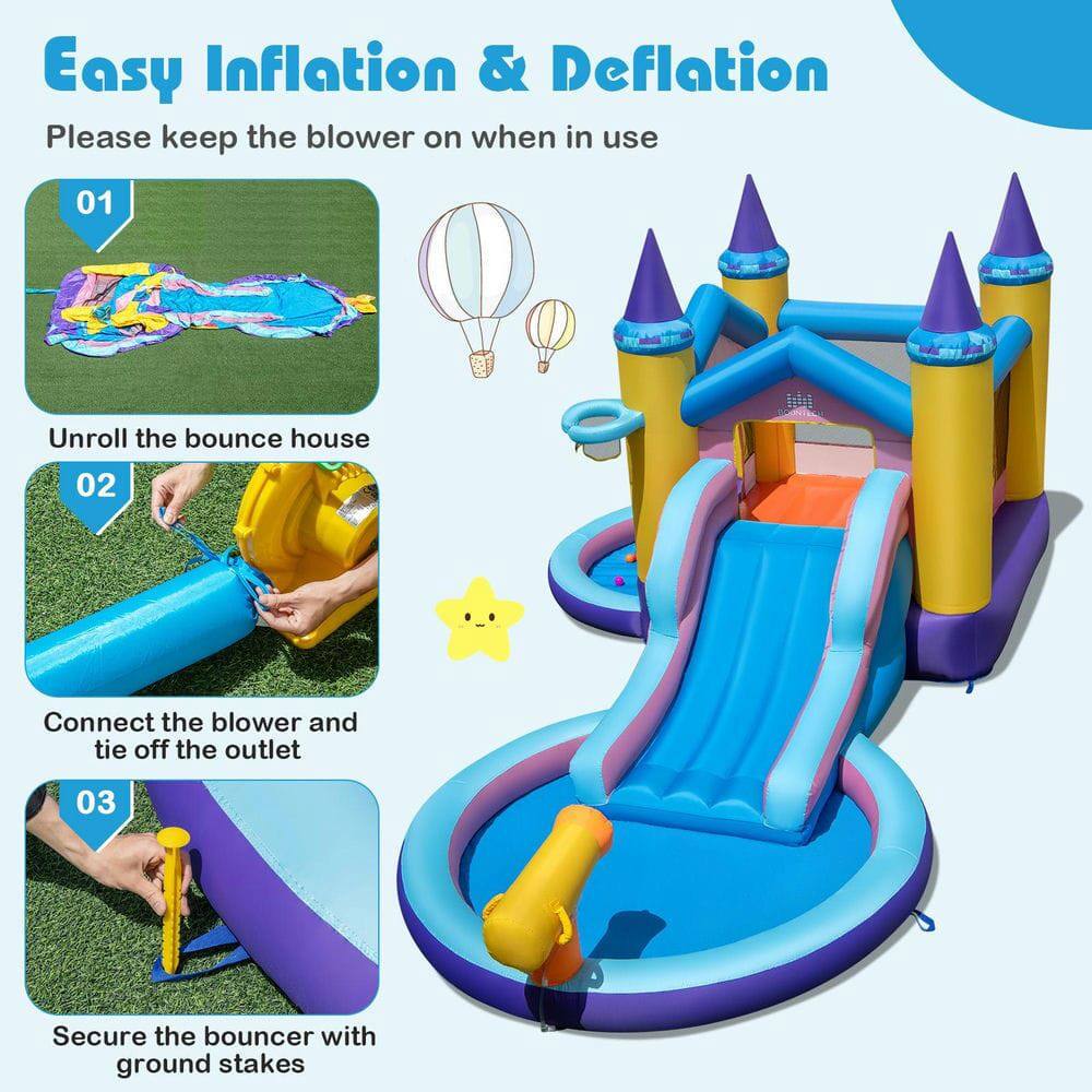 Easy Inflation & Deflation  
Please keep the blower on when in use  

01 Unroll the bounce house  
02 Connect the blower and tie off the outlet  
03 Secure the bouncer with ground stakes