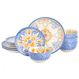 Laurie Gates - Tierra Tile 12 Piece Round Stoneware Dinnerware Set in Assorted Designs - Blue