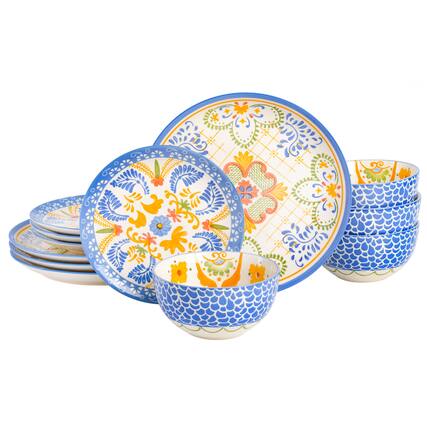 Front. Laurie Gates - Laurie Gates Tierra Tile 12 Piece Round Stoneware Dinnerware Set in Assorted Designs - Blue.