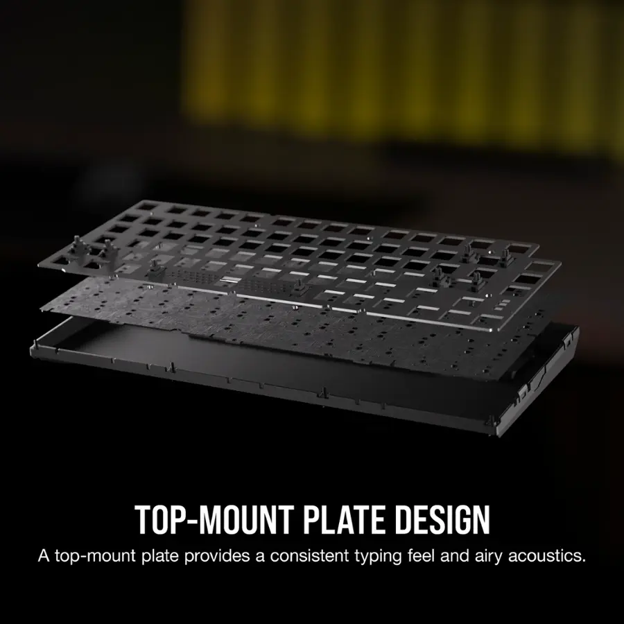 Top-Mount Plate Design: A top-mount plate provides a consistent typing feel and airy acoustics.
