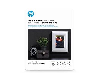 HP Premium Plus Photo Paper  
Papier Photo de Premium Plus  

Exceptional photo paper with high gloss photo finish  

Includes:  
- 10 sheets of 6" x 8" photo paper  
- 10 sheets of 4" x 6" photo paper  

Designed for use with HP Photosmart printers  

60 D