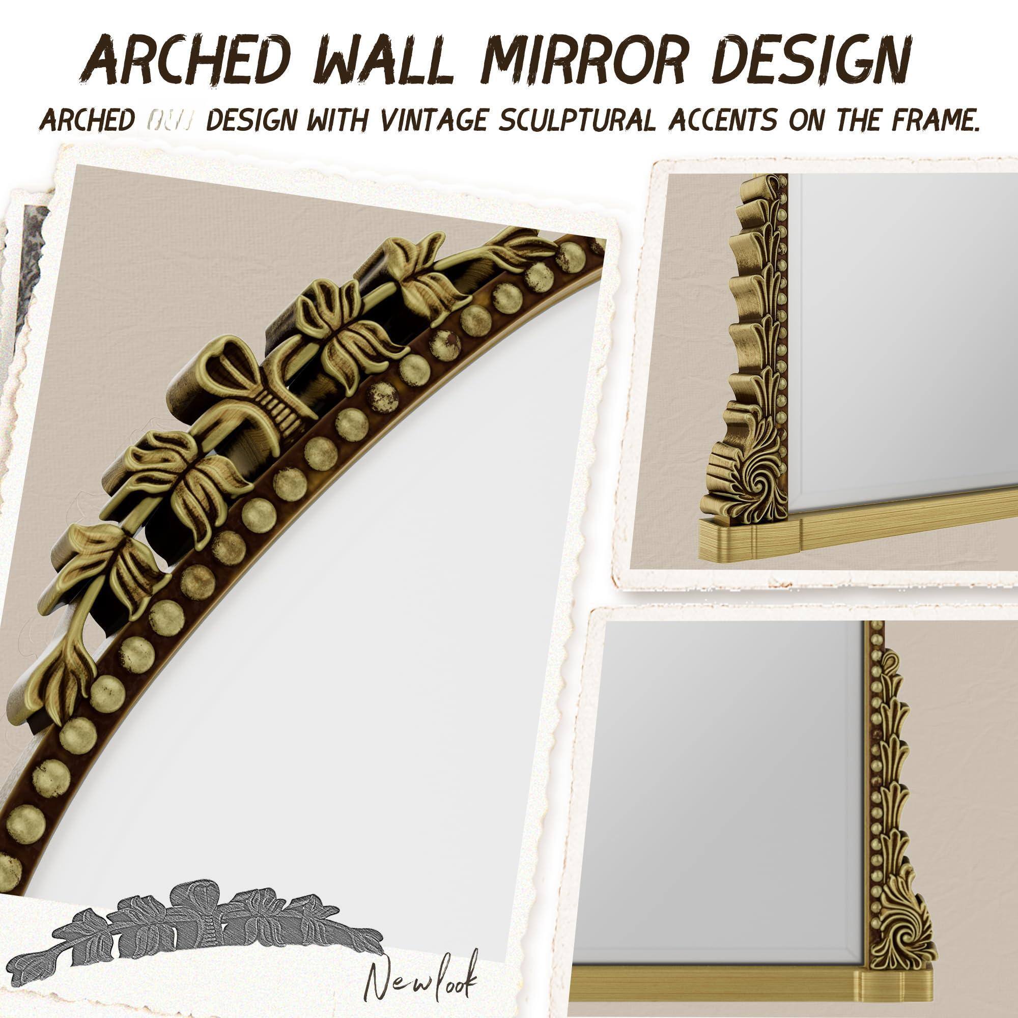 ARCHED WALL MIRROR DESIGN  
ARCHED DESIGN WITH VINTAGE SCULPTURAL ACCENTS ON THE FRAME.