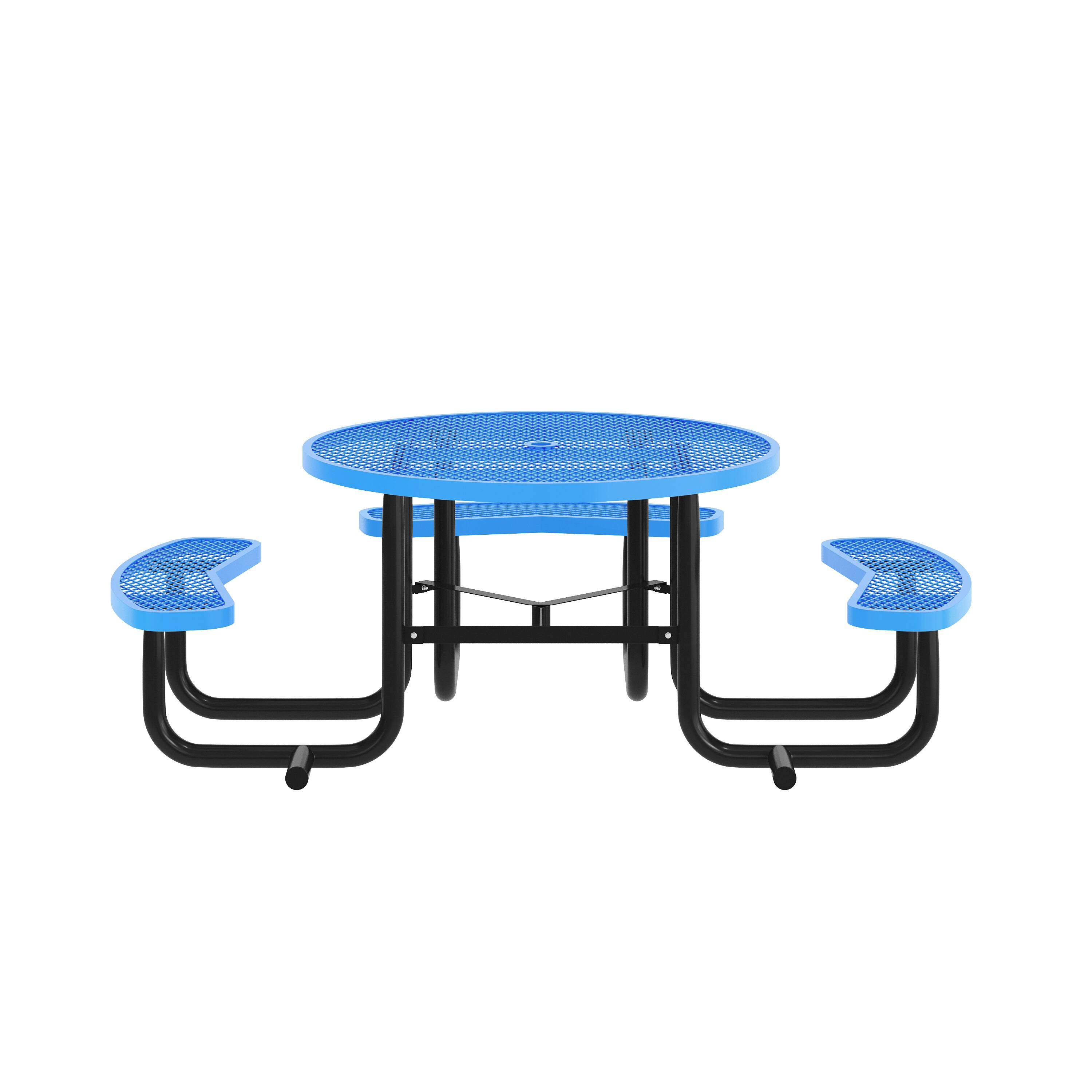Angle. Flash Furniture - Creekside 46" Round Wheelchair Accessible Outdoor Picnic Table with Expanded Metal Mesh Seats and Top with Umbrella Hole - Blue.