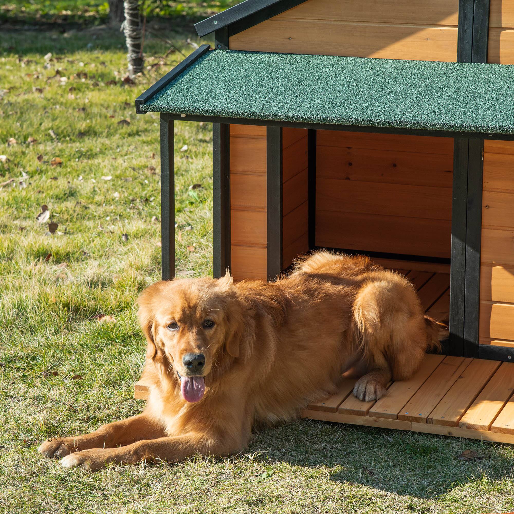 Alt View 4. Pawhut - Outdoor Dog House Cabin Style, Wooden Raised Pet Kennel with Asphalt Roof, Front Door, Side Window, Porch.