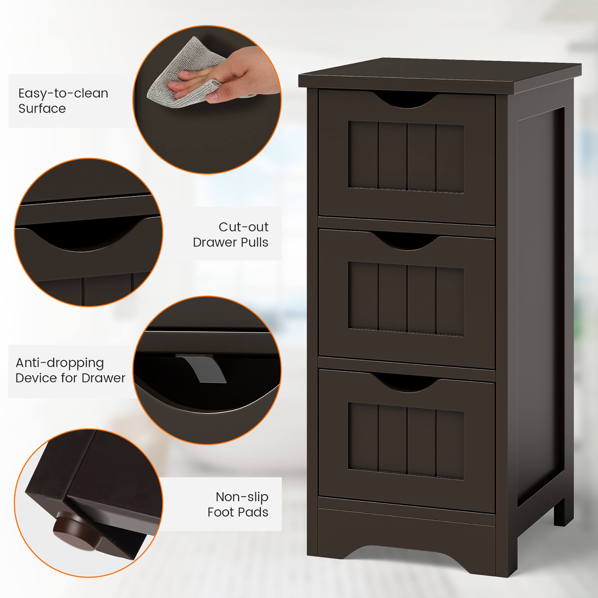 Easy-to-clean Surface  
Cut-out Drawer Pulls  
Anti-dropping Device for Drawer  
Non-slip Foot Pads