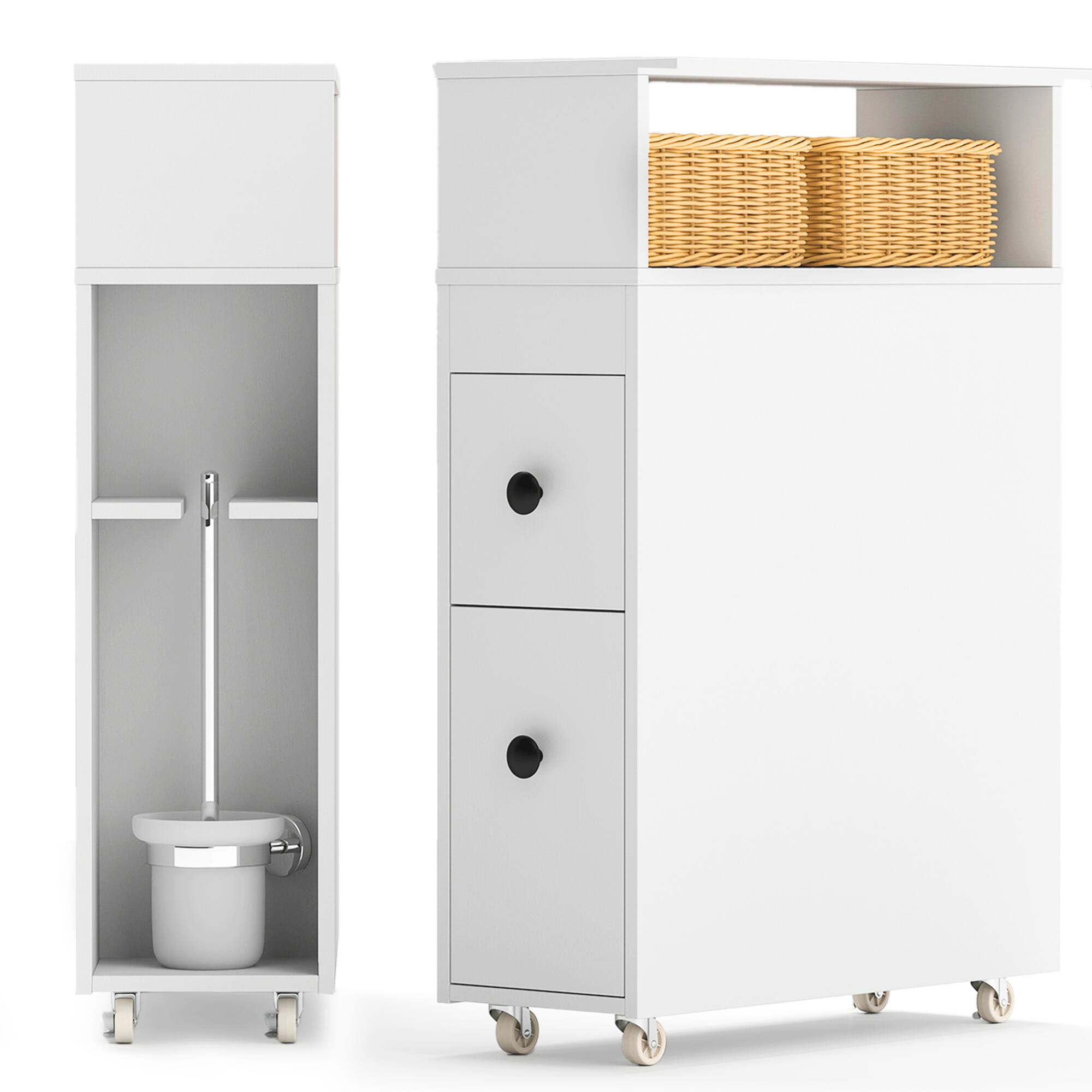 Angle. Costway - Costway Movable Bathroom Storage Cabinet Narrow Toilet Side Paper Holder w/ 2 Drawers - White.