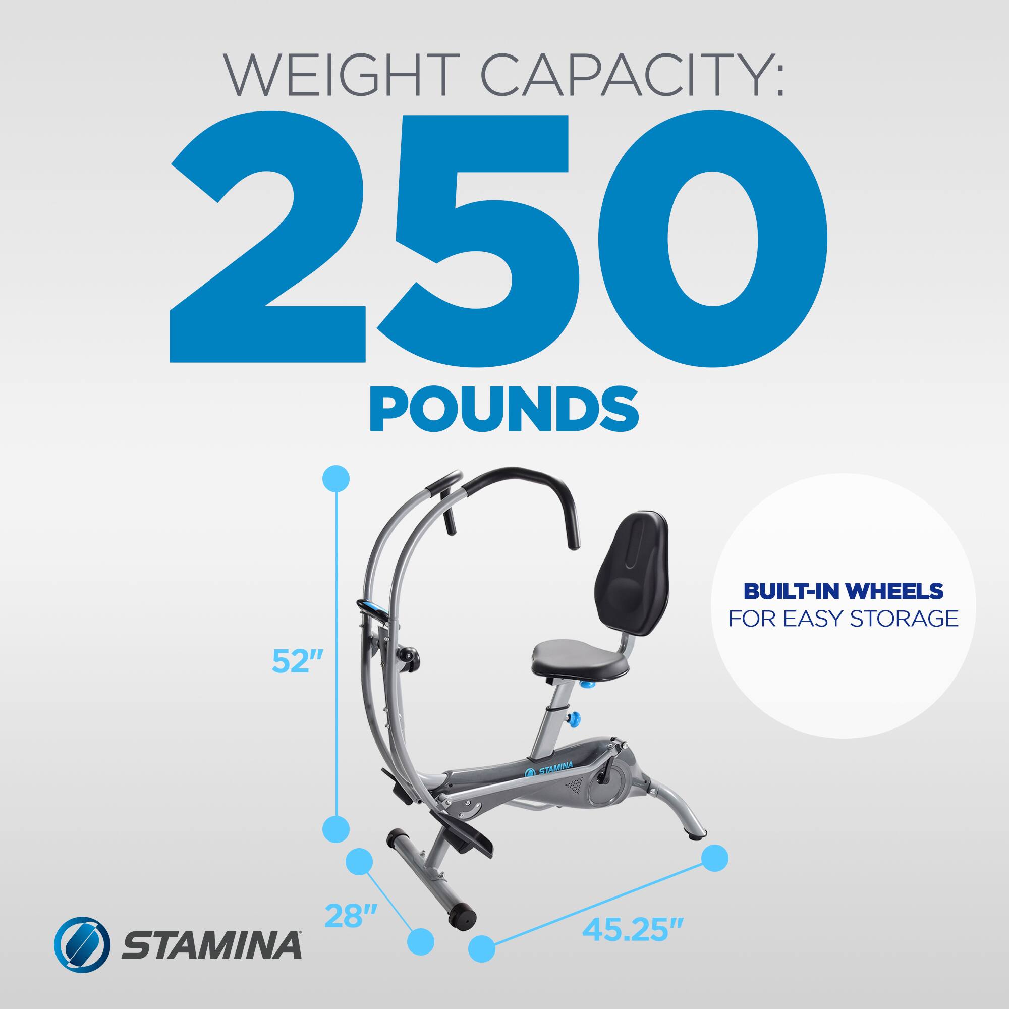 WEIGHT CAPACITY: 250 POUNDS  
52" BUILT-IN WHEELS FOR EASY STORAGE  
28"  
45.25"