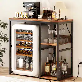 Aheaplus - Small Bar Cabinet with Mini Fridge Space, Coffee Bar Microwave Stand with Power Outlet & Glass Holder for Kitchen - Brown