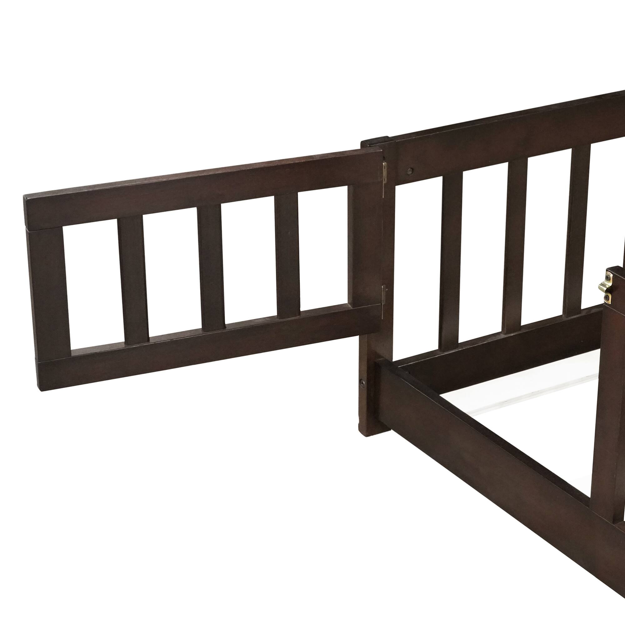 Alt View 10. GOODSILO - Full Size Low Profile Children's Floor Bed with Safety Guardrails and Entry Door, Solid Wood Construction - Espresso.