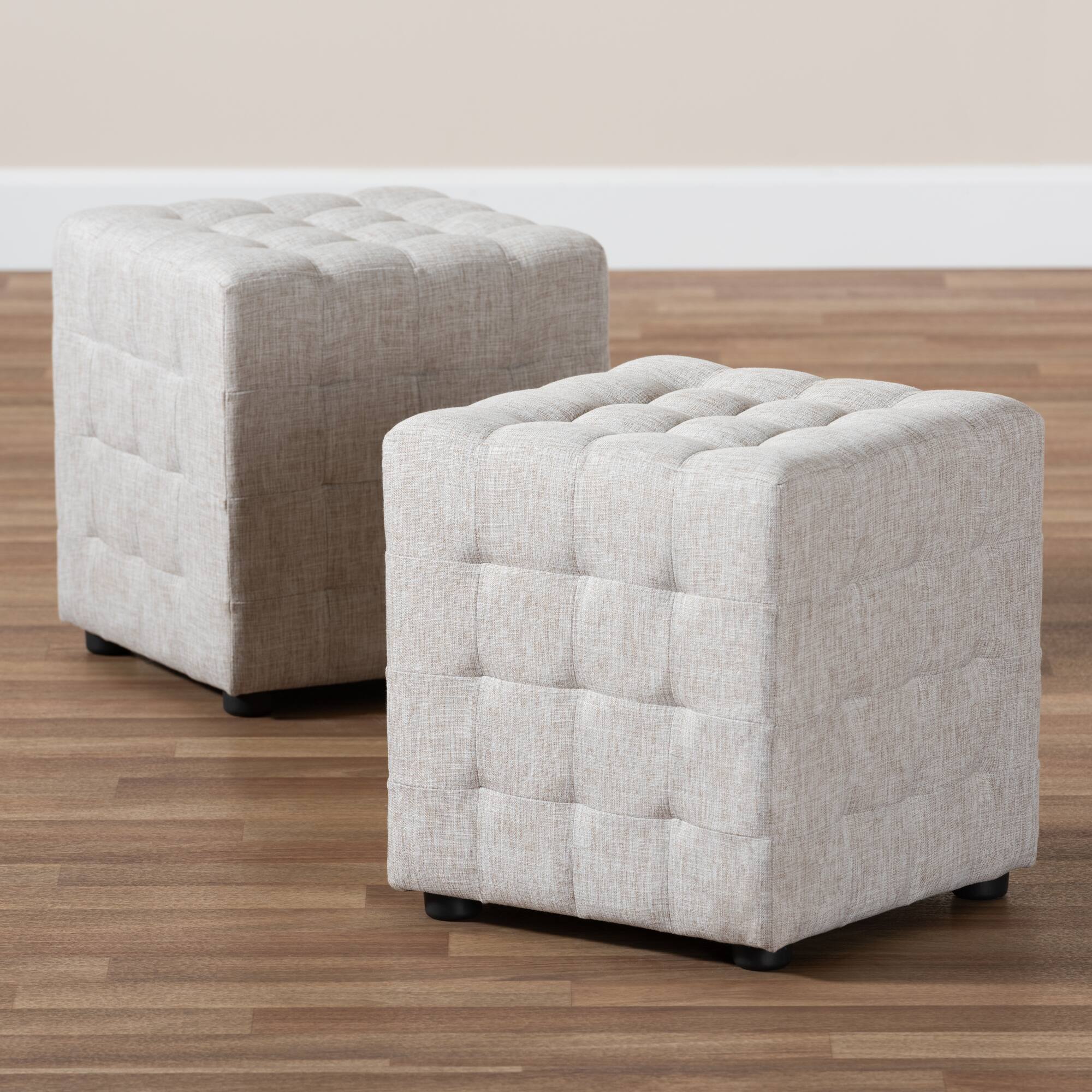 Alt View 1. Baxton Studio - Elladio Modern and Contemporary Fabric Upholstered Tufted Cube Ottoman Set - Beige.