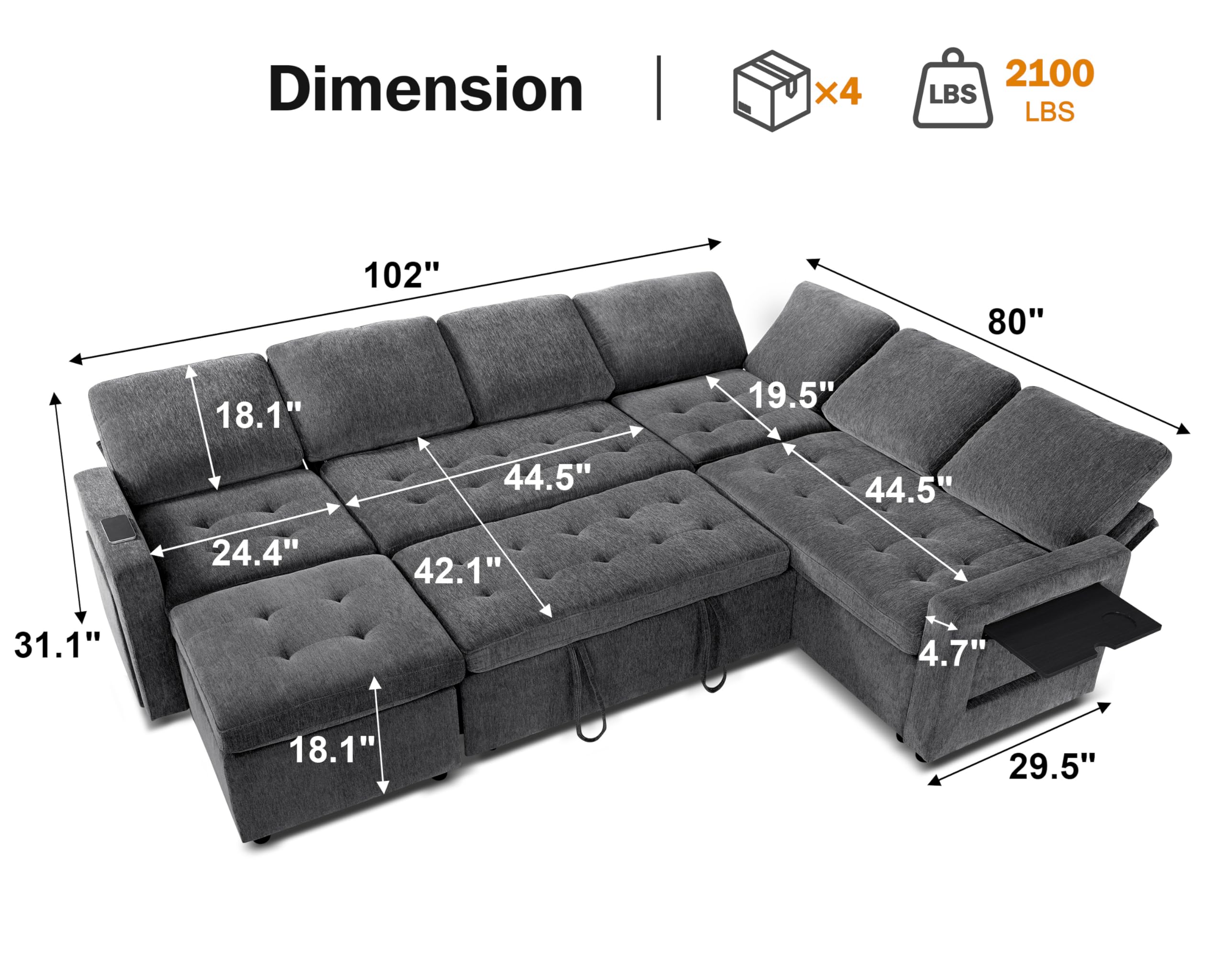 Dimension  
x4 2100 LBS  
102" 80" 18.1" 19.5" 44.5" 44.5" 24.4" 42.1" 31.1" 4.7" 18.1" 29.5"