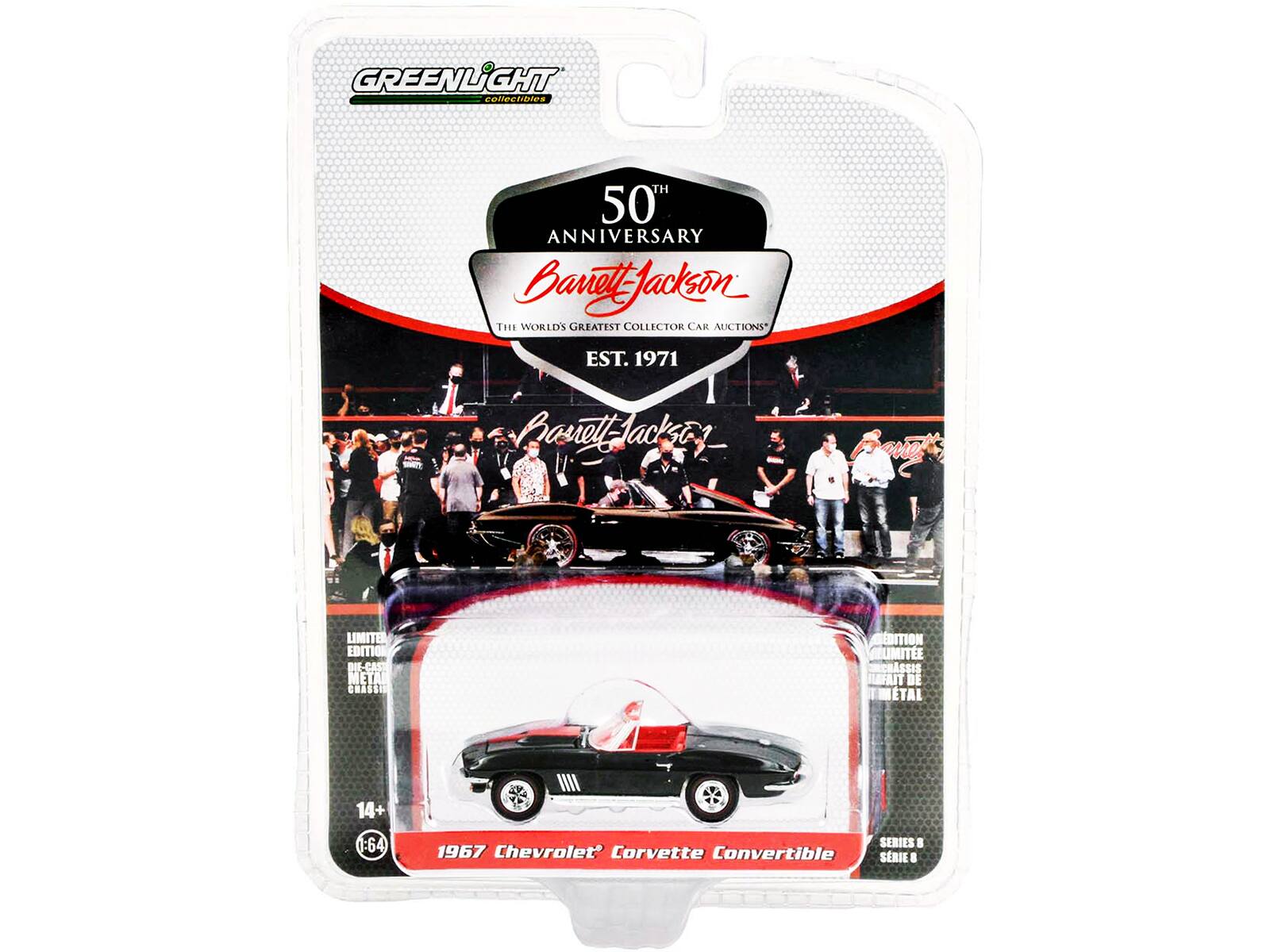 GREENLIGHT collectibles  
50th ANNIVERSARY  
Barrett Jackson  
THE WORLD'S GREATEST COLLECTOR CAR AUCTIONS  
EST. 1971  

LIMITED EDITION  
DIE-CAST METAL  
CLASSIC  

14+  
1:64  

1967 Chevrolet Corvette Convertible  

SERIES 8  
SERIE 8