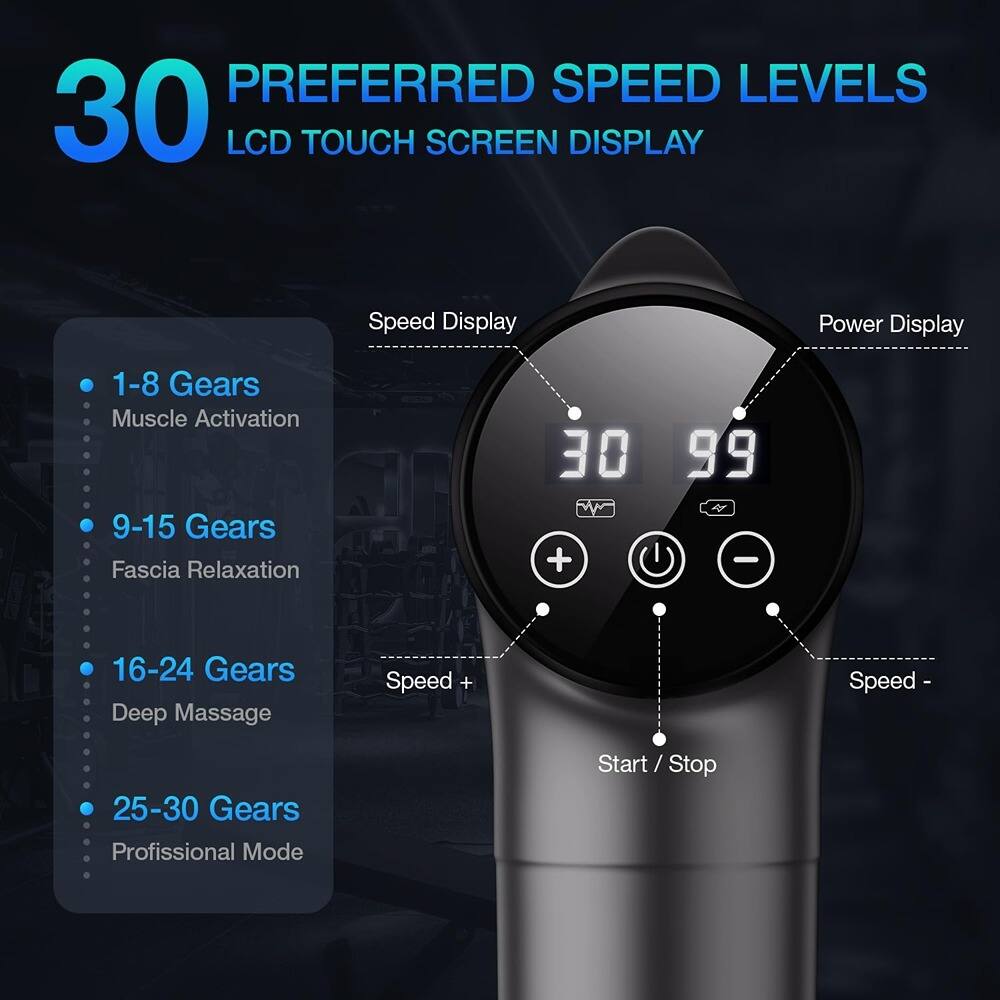 30 PREFERRED SPEED LEVELS  
LCD TOUCH SCREEN DISPLAY  

- 1-8 Gears  
  Muscle Activation  

- 9-15 Gears  
  Fascia Relaxation  

- 16-24 Gears  
  Deep Massage  

- 25-30 Gears  
  Professional Mode  

Speed Display  
Power Display  
Speed +  
Speed -  
Start / Stop