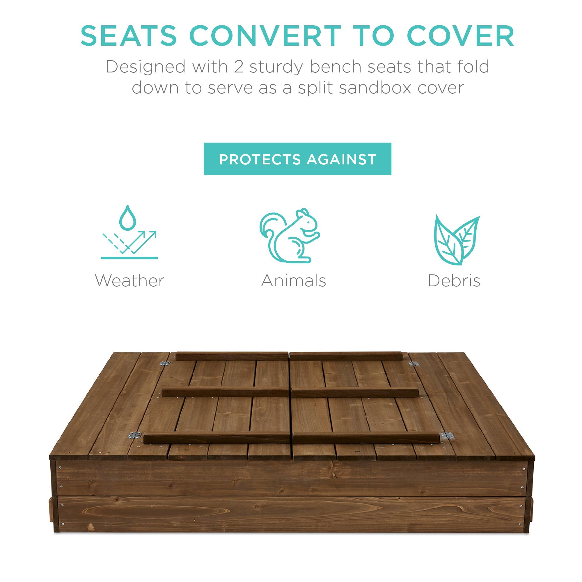SEATS CONVERT TO COVER

Designed with 2 sturdy bench seats that fold down to serve as a split sandbox cover

PROTECTS AGAINST

- Weather
- Animals
- Debris