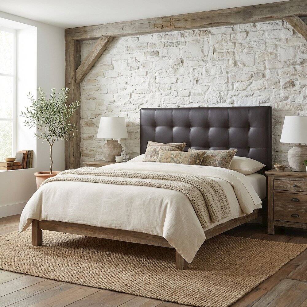 Angle. FurniFact - Upholstered Vinyl Full Headboard with Plush Padding and Sleek Design - Brown.