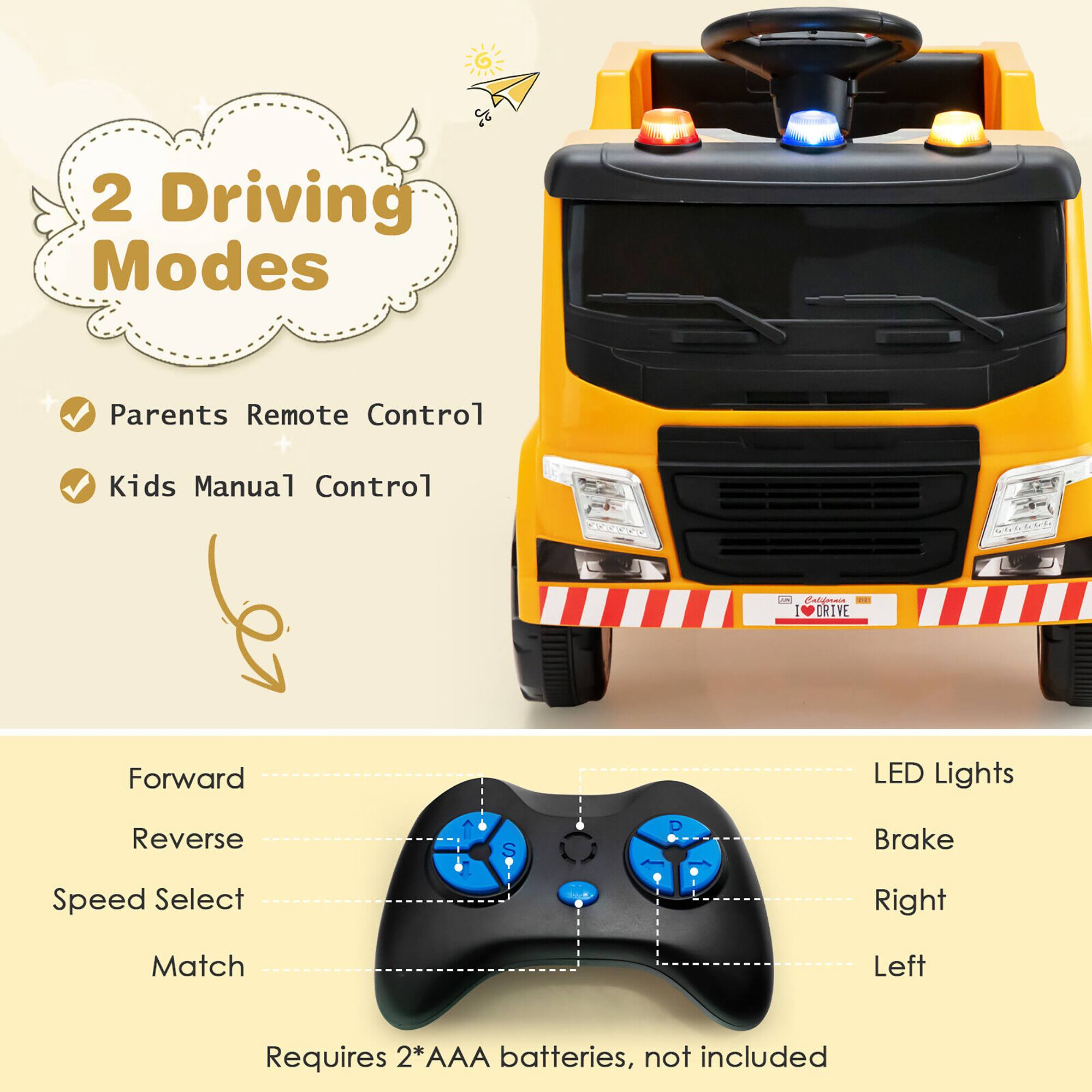 2 Driving Modes

- Parents Remote Control
- Kids Manual Control

Forward  
Reverse  
Speed Select  
Match  

LED Lights  
Brake  
Right  
Left  

Requires 2*AAA batteries, not included