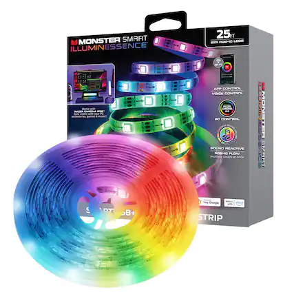 MONSTER SMART ILLUMINESSENCE 25FT
225 RGB+IC LEDs
Works with RAZER CHROMA RGB
accessories, games & music!
- APP CONTROL
- VOICE CONTROL
- PC CONTROL
- SOUND REACTIVE
- RGB+IC FLOW
multiple colors at once
Wi-Fi
Bluetooth
Works with Google Assistant
Works with Alexa
STRIP